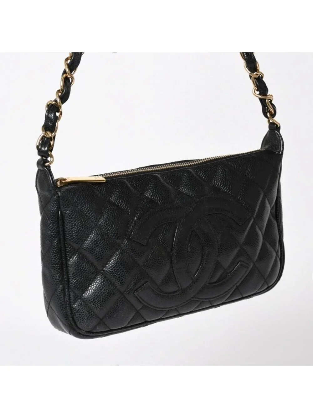 Chanel Chain Shoulder Bag Quilted Caviar Leather CC Logo Black Pouch